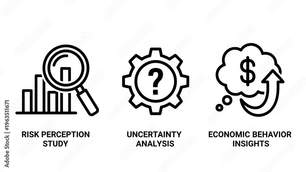 Obraz premium Business analysis and economic insights icons: risk perception study, uncertainty analysis, and economic behavior research concepts