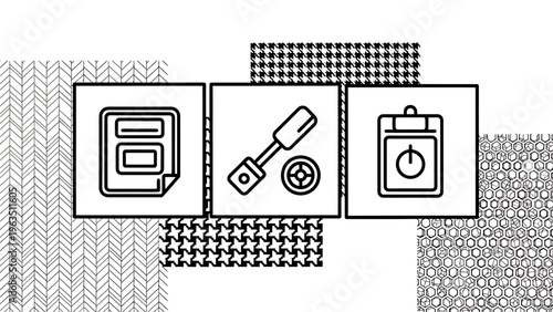 Digital document management and system configuration icons with power control for modern tech workflow concepts