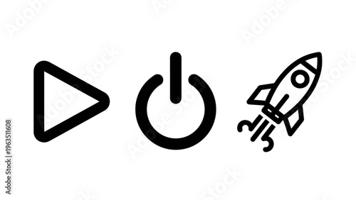 Start play, power on, and rocket launch icons representing initiative, activation, and rapid business growth concepts