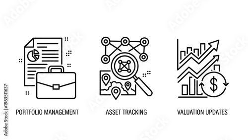 Financial portfolio management, asset tracking, and valuation update icons for investment and business analysis concepts
