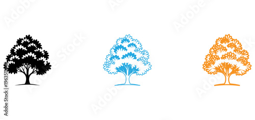 Tree silhouettes in black blue and orange