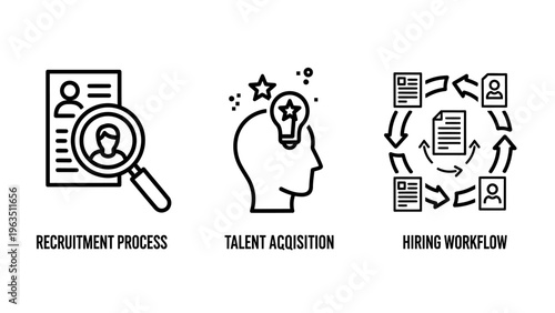 Recruitment process, talent acquisition, and hiring workflow icons for human resources and business strategy concepts