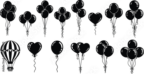 Balloon Silhouette Vector Set with Heart Shapes, Party Bundles, Hot Air Balloon, Celebration Graphics, Birthday Decoration Elements, and Festive Event Icons,