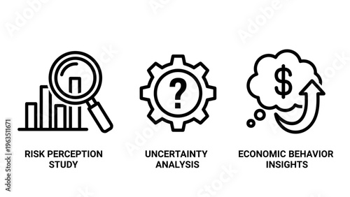 Business analysis and economic insights icons: risk perception study, uncertainty analysis, and economic behavior research concepts