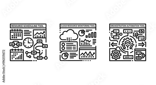 Comprehensive business dashboard and data analytics icons: project management, cloud computing, and workflow optimization visualizations