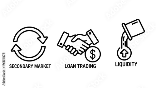 Financial market and investment concept icons: secondary market, loan trading, and liquidity visuals for business finance