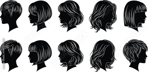 Black silhouette illustration of diverse women’s hairstyle profiles including pixie, bob, layered, and wavy cuts in artistic design