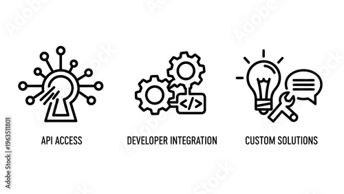 Essential api access and developer integration icons for creating custom software solutions and technological innovation