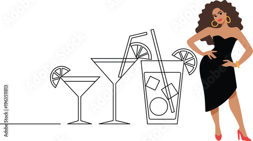 Cocktail party vector illustration, drinks glasses line art and elegant woman nightlife fashion concept