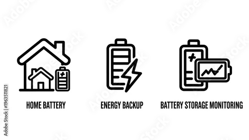 Sustainable home battery and energy backup icons for battery storage monitoring and renewable power solutions