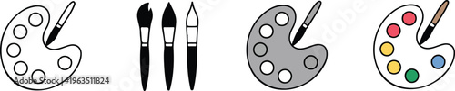 Set of art palette and paint brush icons in minimalist outline silhouette and colorful flat vector creative styles.