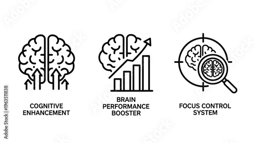 Cognitive enhancement icons set for brain performance, focus control, and mental acuity vector graphic elements