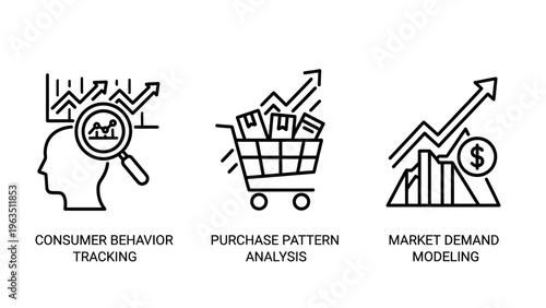 Market research icons set for consumer behavior tracking, purchase pattern analysis, and demand modeling vector graphic, e commerce