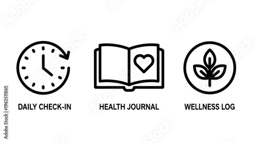 Health and wellness tracking icons: daily check-in, health journal, and wellness log for digital apps and healthy lifestyle monitoring UI UX graphic elements