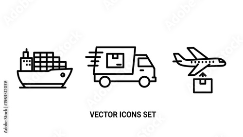 Efficient global logistics and transportation vector icons: ship, truck, and plane representing cargo delivery, air freight, and ground transport services