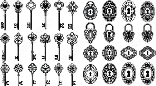 Vintage Skeleton Keys and Ornate Antique Keyhole Plates Collection, Victorian Style Decorative Metal Elements for Interior Design and Graphic Art Projects