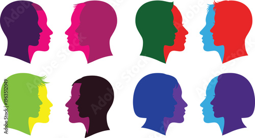 Colorful silhouette illustration of human head profiles facing each other in pairs symbolizing communication, diversity, and interaction