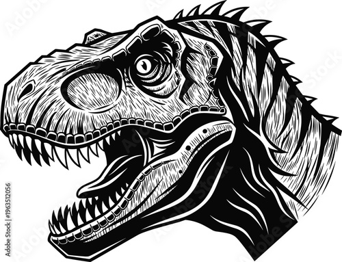 Detailed black and white illustration of Tyrannosaurus rex head with sharp teeth, scales, and fierce prehistoric dinosaur design