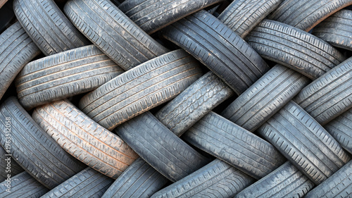 Old stacked vehicle tires, texture detail, recycling, automotive waste, rubber.