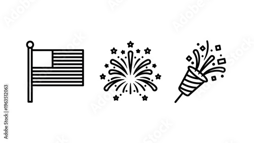 American patriotic celebration vector icons: united states flag, festive fireworks, and exploding party popper for national holidays