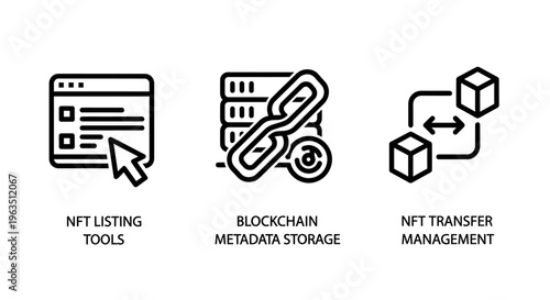 Nft and blockchain technology vector icons: listing tools, metadata storage, and transfer management for digital assets