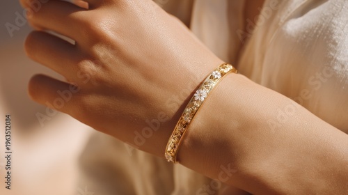 Elegant gold bracelet on a womans wrist
