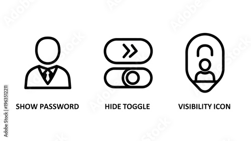 User account interface icons for privacy settings featuring profile visibility options, show or hide password toggles, and location pin symbols for digital identity management