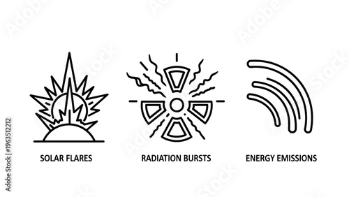 Physics and space science icons depicting astronomical phenomena such as solar flares from the sun, intense radiation bursts, and wireless energy emissions in black and white lines