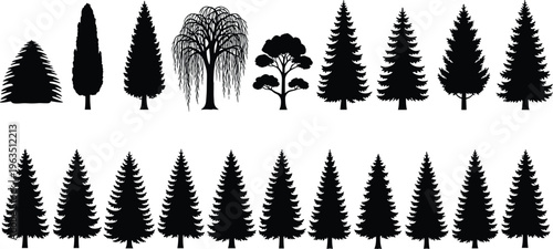 Collection of Various Tree Silhouettes including Pine, Fir, Weeping Willow, and Cypress, Decorative Forest Elements for Outdoor Landscape and Graphic Design
