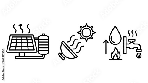 Sustainable energy technology icons featuring solar thermal panels with water storage tanks, concentrated solar power mirrors, and domestic water heating symbols for green home systems