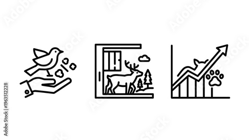 Wildlife conservation and ecology icons depicting a hand feeding a bird, deer in a forest habitat enclosure, and a statistical growth chart for pet or animal population recovery