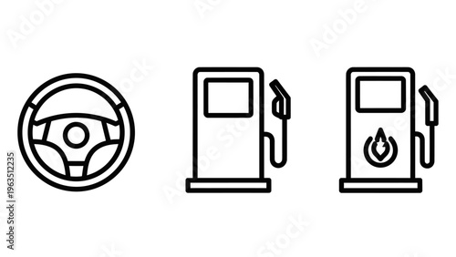 Automotive and transportation industry icons featuring a car steering wheel and gas station fuel pumps representing gasoline, diesel, and petroleum energy services for vehicle travel