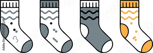 Set of minimalist winter sock icons with wave patterns in flat outline and colorful orange and grey styles.