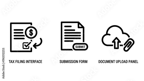 Professional business tax filing and digital document submission interface icons featuring cloud upload panel with paperclip and secure financial report submission form elements