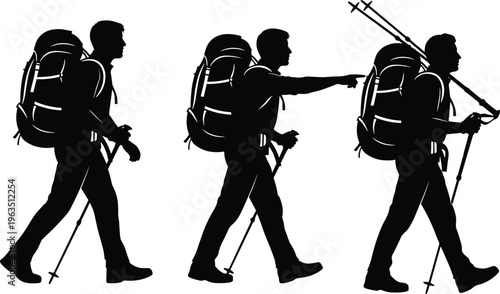 Silhouettes of Male Hikers Carrying Backpacks and Using Trekking Poles While Walking and Pointing Towards a Mountain Destination for Outdoor Adventure Designs
