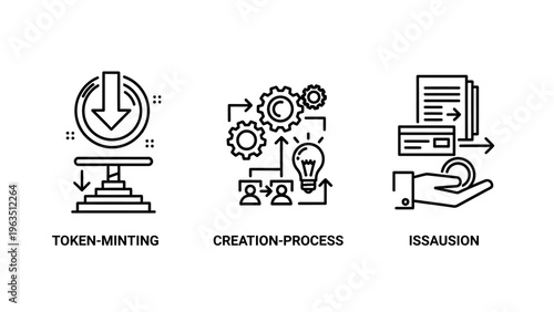 Cryptocurrency token minting and financial creation process icons featuring blockchain issuance concept with gears lightbulb innovation and digital coin manufacturing symbols
