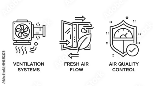 Environmental ventilation and fresh air quality control icons set featuring hvac system fan open window airflow and protection shield with monitoring gauge symbols