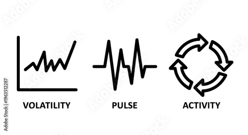 Financial market volatility and business activity icons featuring stock market growth graph pulse rhythm line and circular economic cycle flow arrows for data analysis
