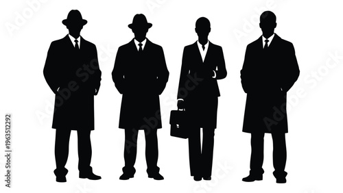 Silhouettes of four men in suits and hats