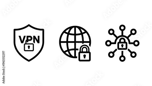 Cyber security and vpn internet privacy icons featuring secure world globe shield with padlock and encrypted global network connection symbols for digital protection