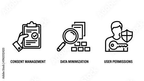 Data privacy and security management icons for user consent information minimization and access permissions, cybersecurity compliance and personal protection digital governance vector illustration