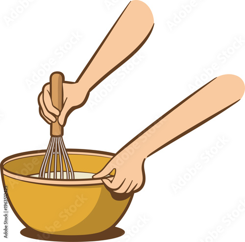 Cooking mixing bowl vector illustration, hands whisking batter kitchen baking preparation food concept