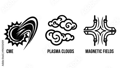 Space weather and astrophysics icons for coronal mass ejection plasma clouds and magnetic fields, solar science and galactic physics research illustration of celestial phenomenon symbols