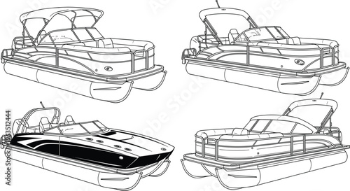 Set of minimalist pontoon boat line art illustrations featuring modern deck layouts, luxury seating, bimini tops, and sleek watercraft vessel designs.