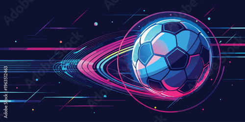 Futuristic soccer ball surrounded by dynamic digital energy lines and colors