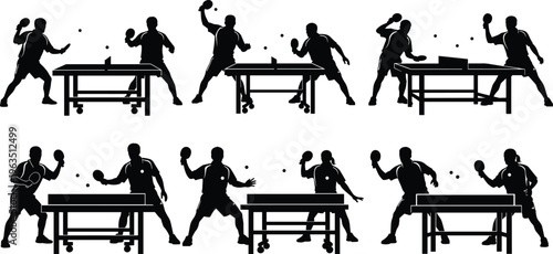 Table tennis players silhouettes collection featuring professional athletes in action, ping pong tournament matches, sport competition movements, and training equipment vectors.