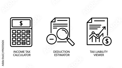 Tax and financial calculation icons set featuring income tax calculator, deduction estimator with magnifying glass and tax liability viewer document with dollar sign