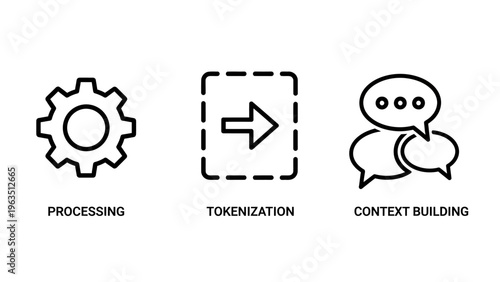 Data processing and tokenization technology icon set for AI context building and machine learning systems featuring gear mechanisms and language model communication symbols