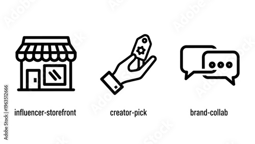 Social media marketing icons set for influencer storefront creator pick and brand collaboration featuring retail shop price tag and communication speech bubbles