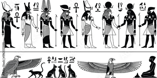 Ancient Egyptian deities and symbols collection featuring gods, goddesses, pharaohs, sacred cats, eagles, and hieroglyphic elements in a minimalist black line art style.